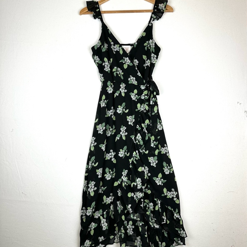Audrey Parks Flutter Strap Floral Wrap Ruffle Dress
